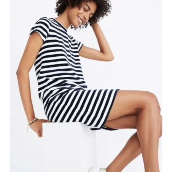 Madewell Dress Striped Velour Tee Dress Short Sleeve H5681 White Blue XL - Picture 1 of 3